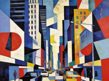 seedream 4.5 Bustling city street synthetic cubism collage like elements fragmented skyscrape 1 | MIfoto.hu - a [ MI ] közösségünk!