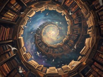 lucid origin Infinite spiral bookshelves with antique leather volumes surrealist oil painting 2 | MIfoto.hu - a [ MI ] közösségünk!