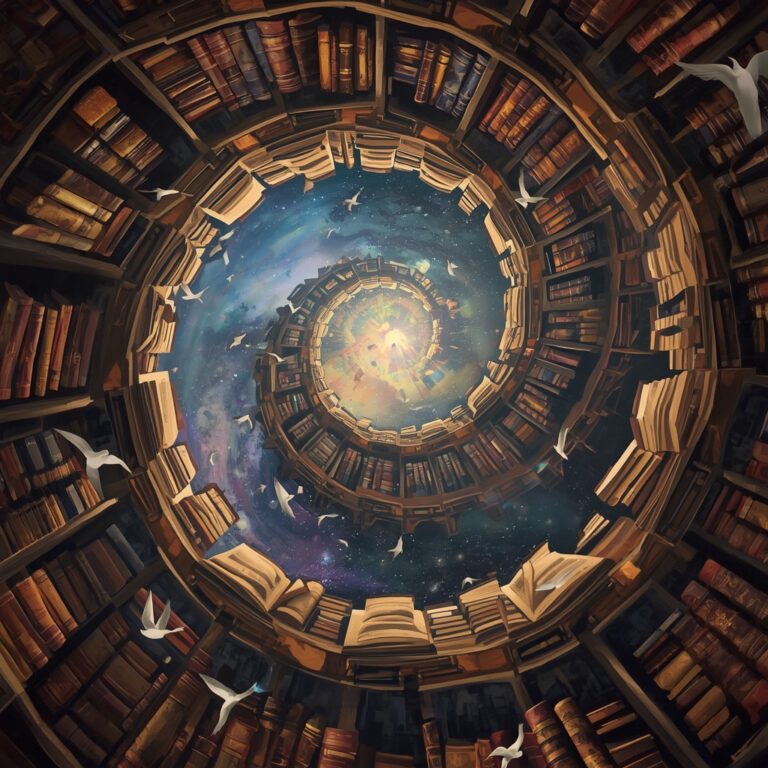 lucid origin Infinite spiral bookshelves with antique leather volumes surrealist oil painting 2 | MIfoto.hu - a [ MI ] közösségünk!